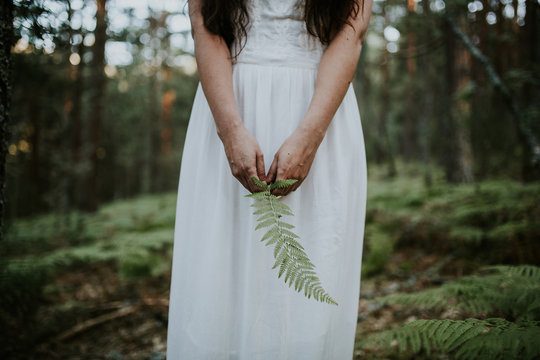 Brunette woman in a white dress in the woods