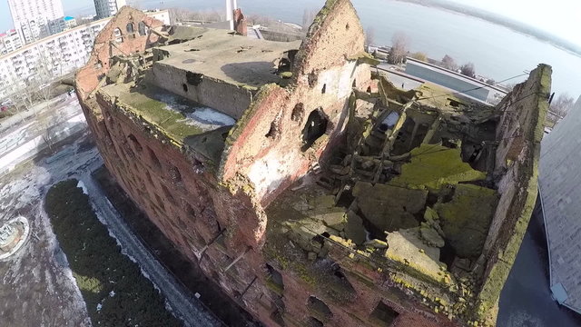 Flying over the ruins of Gergart Mill in Volgograd, Russia. Building of steam powered mill destroyed in days of the Battle of Stalingrad and kept as memorial