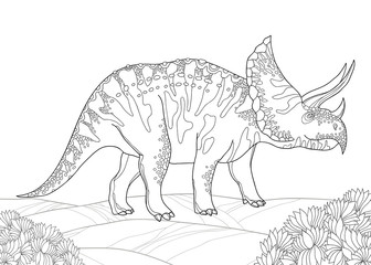 Vector illustration of Triceratops from family of large horned dinosaurs isolated on white background. Series of prehistoric dinosaurs. Fossil animals and reptiles in contour style. © bokasana