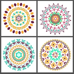 Collection of bright colorful geometric round ethnic decorative elements. Vector mandala backgrounds with bohemian, Oriental, Indian, Arabic, Aztec motifs.