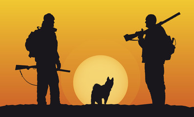 Fototapeta na wymiar hunters with dog in the evening