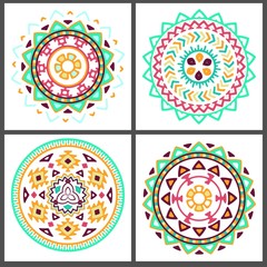 Collection of bright colorful geometric round ethnic decorative elements. Vector mandala backgrounds with bohemian, Oriental, Indian, Arabic, Aztec motifs.