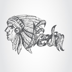 Hand drawn profile of native american chief vintage grunge tee p