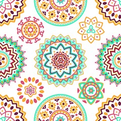 Seamless pattern of bright colorful geometric round ethnic decorative elements. Vector mandala background with bohemian, Oriental, Indian, Arabic, Aztec motifs.