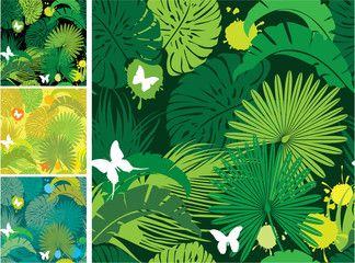 Set of seamless patterns with palm trees leaves and butterflies.
