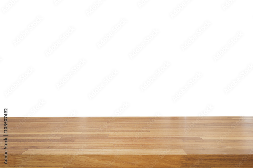 Poster empty wood table top isolate on white background