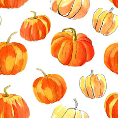 Watercolor halloween of pumpkins.