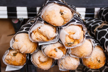 Market stalls with baked goods. Spring Fair on the Square