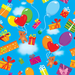 Seamless pattern with colorful gift boxes, presents, balloons an