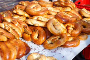 Market stalls with baked goods. Spring Fair on the Square