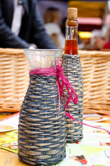 Close up of demijohn homemade wine on spring fair