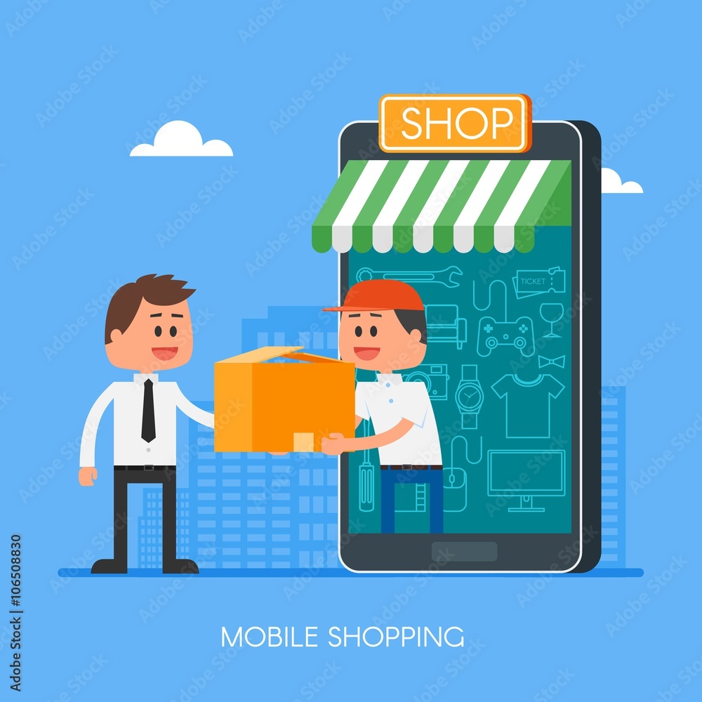 Poster online shopping on internet using mobile smartphone. fast delivery concept vector illustration in fl