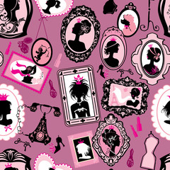 Seamless pattern with glamour girl portraits  - black silhouette