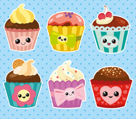 Set of six cartoon cupcakes. Cartoon vector illustration