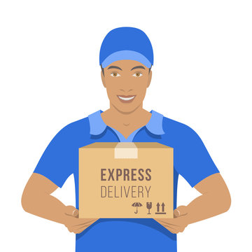 Smiling Young Attractive African American Man Courier Holding A Parcel In A Cardboard Box. Flat Vector Illustration. Express Delivery Concept. Delivery Boy In A Blue Uniform. Front View On White