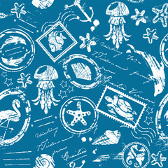 Seamless pattern with Sea and tropical elements - rubber stamps