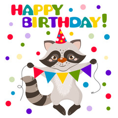 isolated raccoon for happy birthday card. Vector illustration