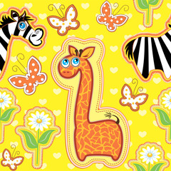 Seamless pattern with cartoon animals - giraffe and zebra - hand