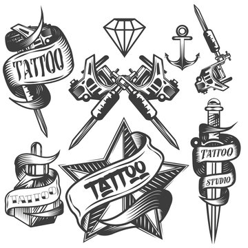 Vector set of tattoo vector labels in vintage style. Tattoo salon logos and machine isolated on white background.