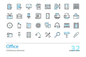 Set of outline Office and Stationery elements icons. 
