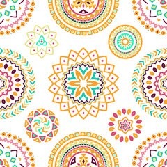 Seamless pattern of bright colorful geometric round ethnic decorative elements. Vector mandala background with bohemian, Oriental, Indian, Arabic, Aztec motifs.