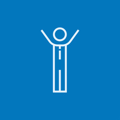 Man with raised arms line icon.