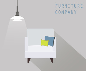 Armchair and lamp on gray background. furniture company