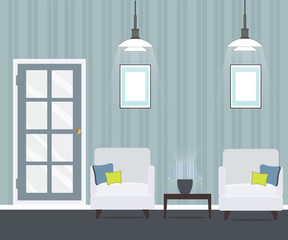 living room with doors and armchairs