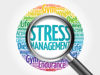 Stress Management word cloud with magnifying glass, health concept