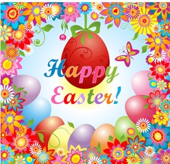 Easter greeting with flowers and hanging egg