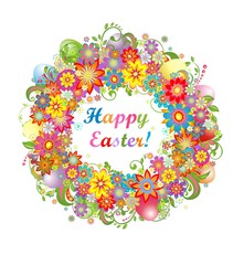 Easter wreath with colorful flowers and saturated eggs