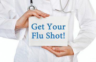 Doctor holding a card with Get Your Flu Shot, medical concept