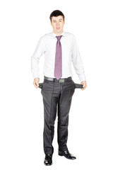 portrait of young  business man showing his empty pocket