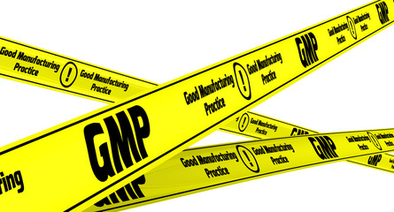 GMP. Good Manufacturing Practice for medicinal products. Yellow warning tapes