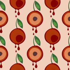 Seamless vector pattern with fruits. Symmetrical background with cherries and leaves on the pink backdrop. Series of Fruits and Vegetables Seamless Patterns.