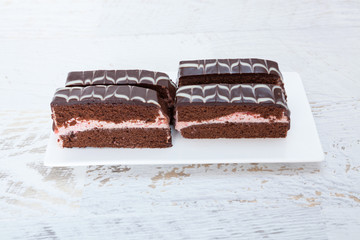 Chocolate cake with strawberry filling.
