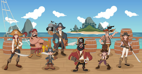 Obraz premium Group of cartoon pirates on a decks of a ship 