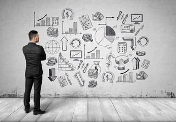 Back view man looking at white wall with hand-drawn sketches related to economics and statistics