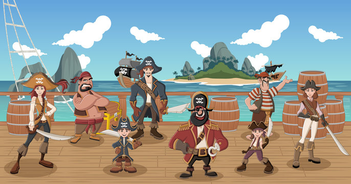 Group of cartoon pirates on a decks of a ship
