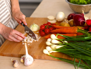 Cook's hands preparing vegetable salad - closeup shot