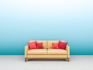 Interior picture with sandy yellow sofa and coral pink red pillows standing on white wooden floor with empty light blue gradient wall background. 3d rendering.