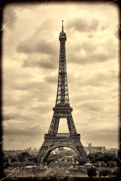 Panorama Eiffel Tower in Paris. Vintage view. Tour Eiffel old retro style. 
