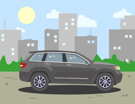 Jeep on the background of the city. Vector illustration.