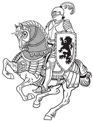medieval knight riding armored horse in gallop. Black and white illustration