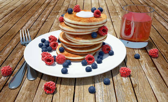 render of pancakes with raspberries, blueberries and juice