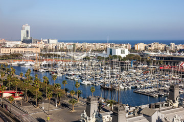 Barcelona, Spain. Port Vell embancment panoramic view