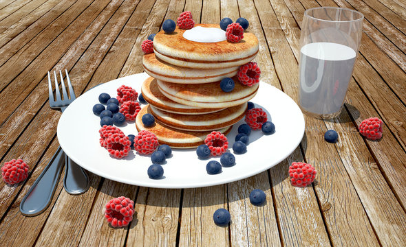 render of pancakes with raspberries, blueberries and milk