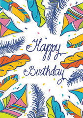 bright colorful background with a pattern of colorful feathers and floral elements in a circle with the words happy birthday,greeting card
