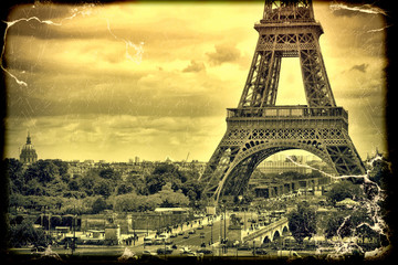 Panorama Eiffel Tower in Paris. Vintage view. Tour Eiffel old retro style. 
