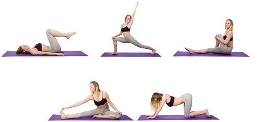 Young female doing exercises on white